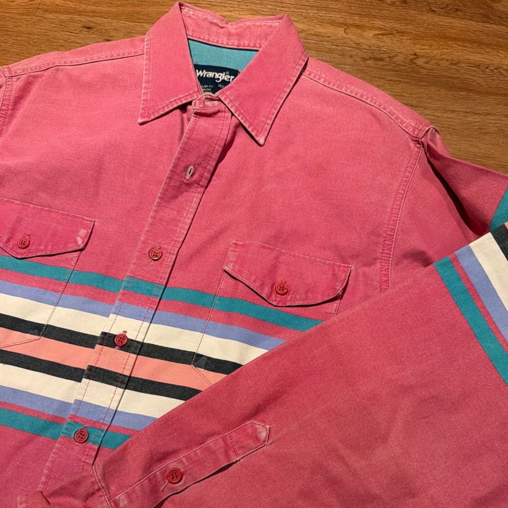 Wrangler Mens Pink Striped Western Denim Shirt Regular Fit XL Long Tails 70128ZS